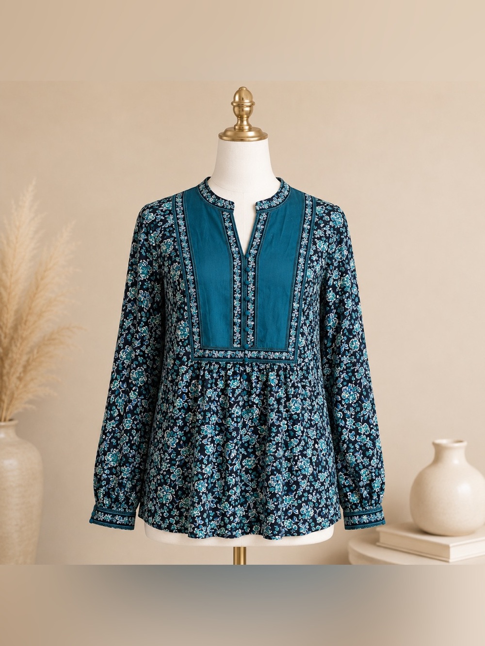 Woman Within Teal Floral Boho Tunic Top 18/20 Rayon Peasant Blouse